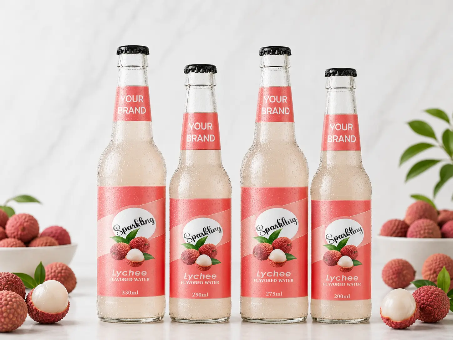 SPARKLING FLAVORED WATER Lychee 330ml, 250ml, 275ml and 200ml glass bottles